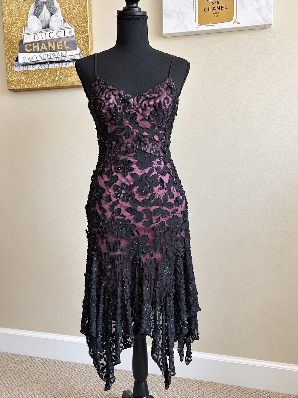 Sue Wong Nocturne Purple Black Beaded Lace Cocktail Dress Size 0